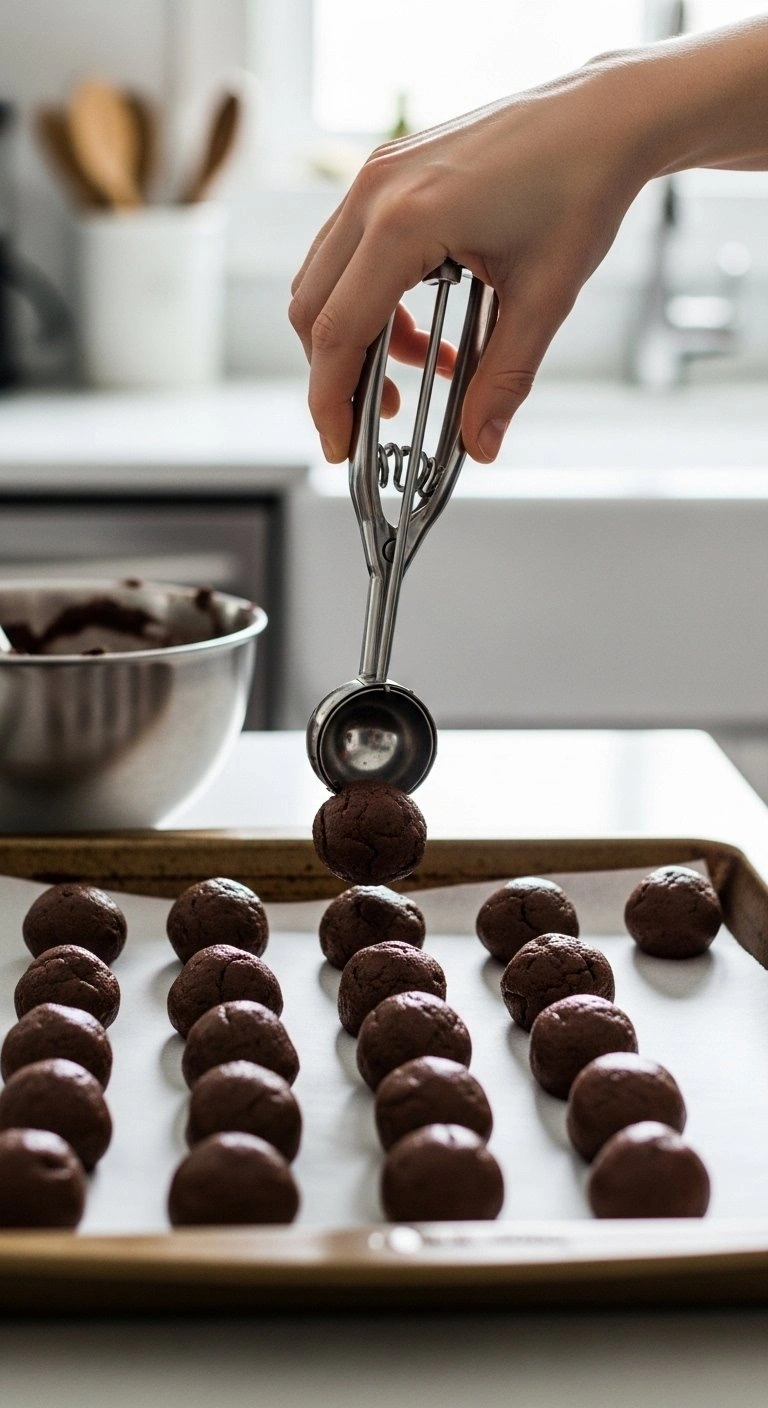 Round Dark Chocolate Cookie Dough Balls Are Being Scooped Onto A Parchment-Lined Baking Sheet With A Stainless Steel Scoop.