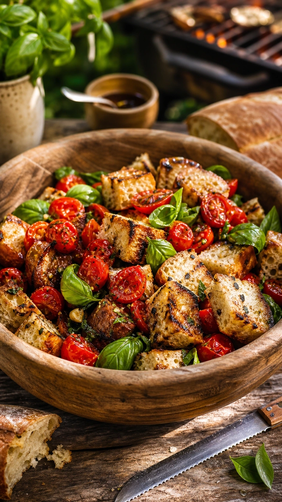 Rustic Panzanella Salad With Grilled Tomatoes, Sourdough, Basil, And Balsamic Vinaigrette In A Large Wooden Bowl.