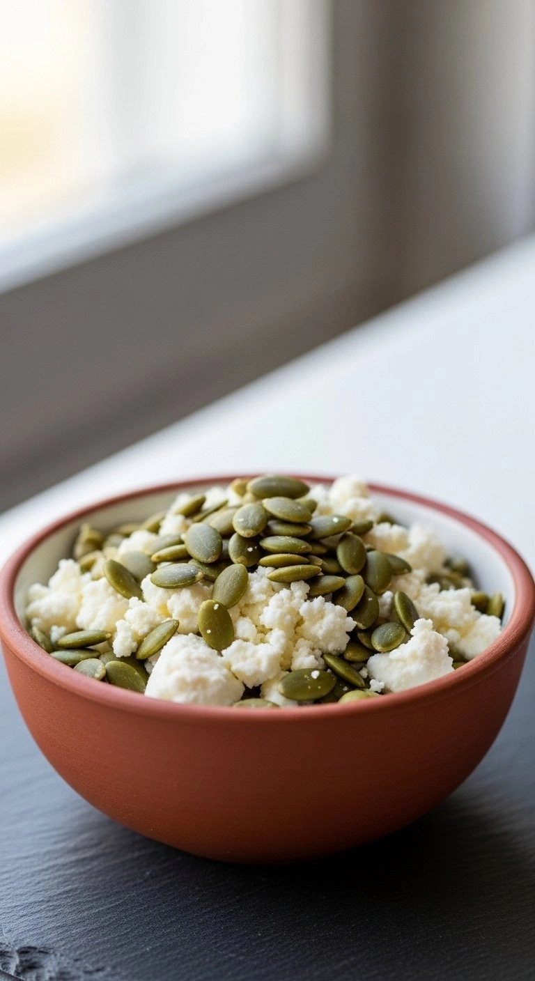 Rustic Bowl Of Crumbled White Cotija Cheese And Toasted Green Pepitas On A Slate Surface For A Textured Recipe Topping.