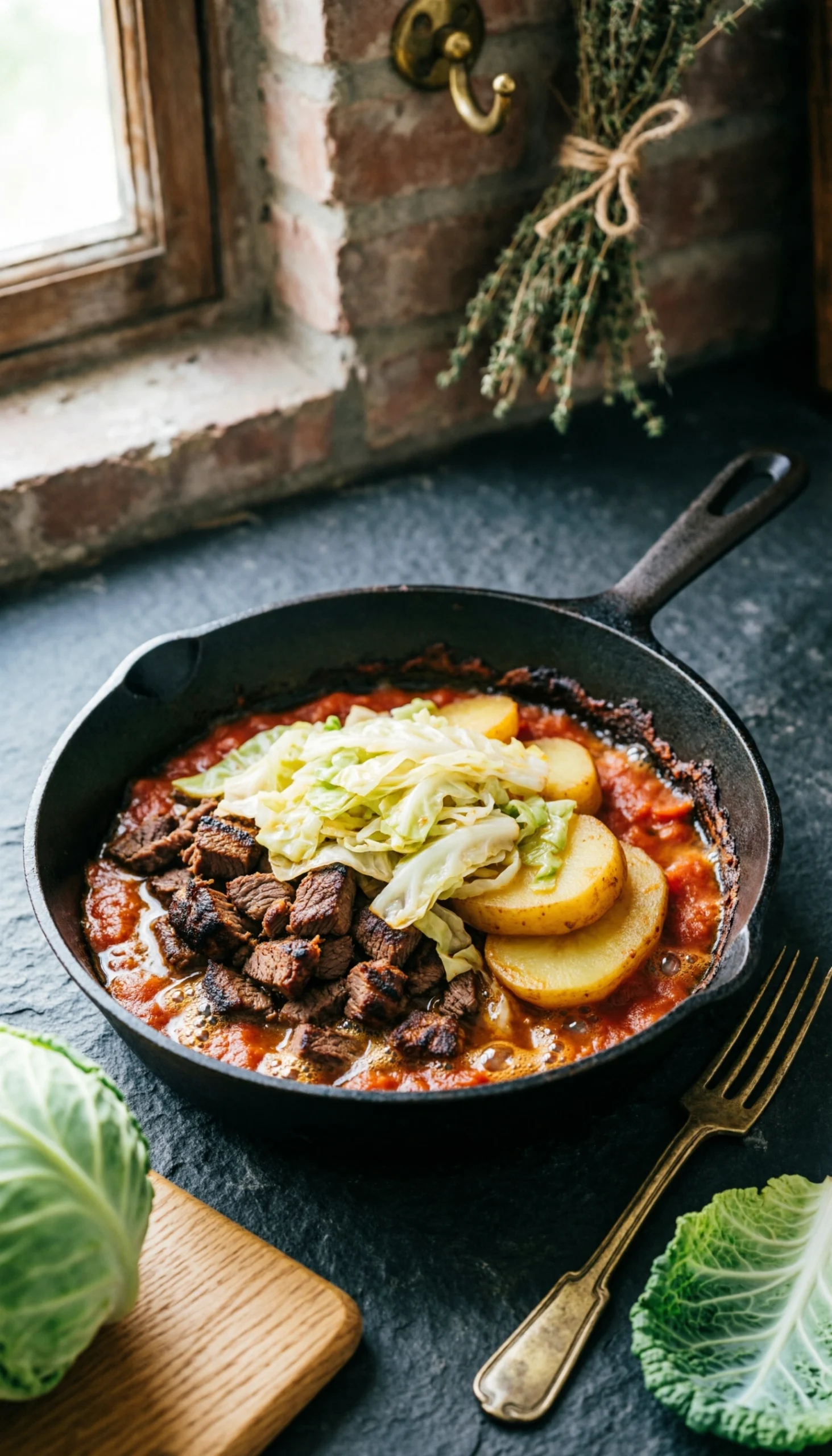 Rustic cast iron hobo casserole with cabbage, browned beef, sliced potatoes, and bubbling tomato broth in a heavy skillet.