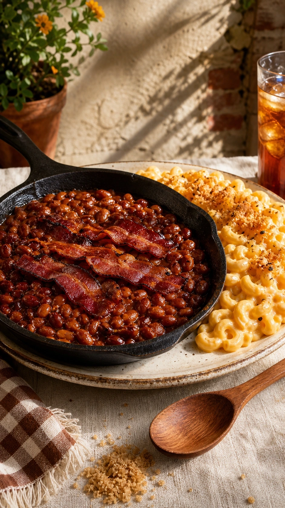 Rustic cast iron skillet of bubbling southern baked beans with bacon next to homemade mac and cheese on a linen tablecloth.