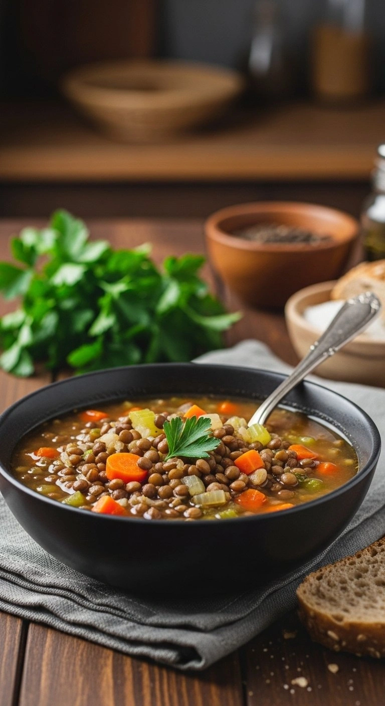 Rustic Lentil Soup With Carrots And Celery Garnished With Parsley In A Ceramic Bowl With Crusty Whole-Grain Bread.