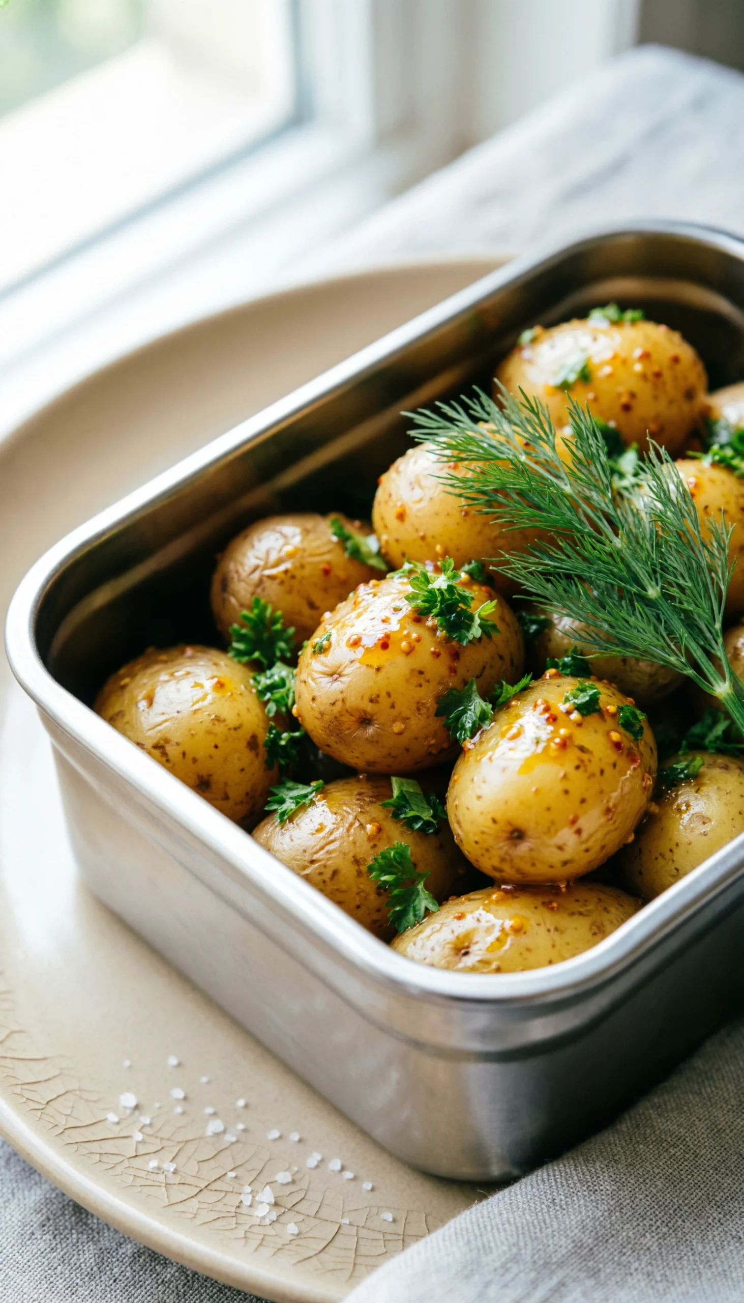 Rustic no-mayo potato salad with golden baby potatoes and fresh dill in a stainless steel travel bowl on a table.