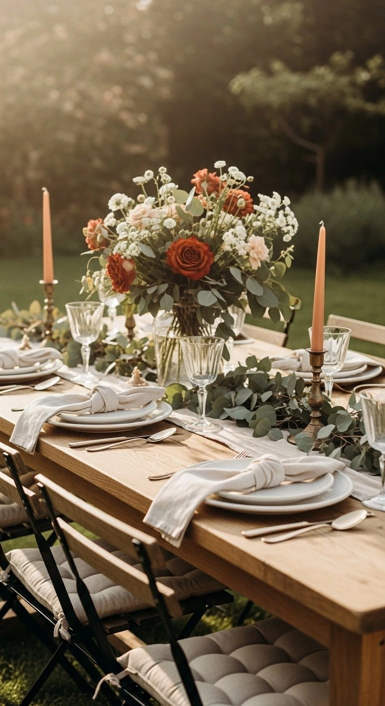 Rustic Oak Outdoor Dining Table Set For Brunch With Ceramic Plates And Crystal Glassware In A Sunlit Garden.