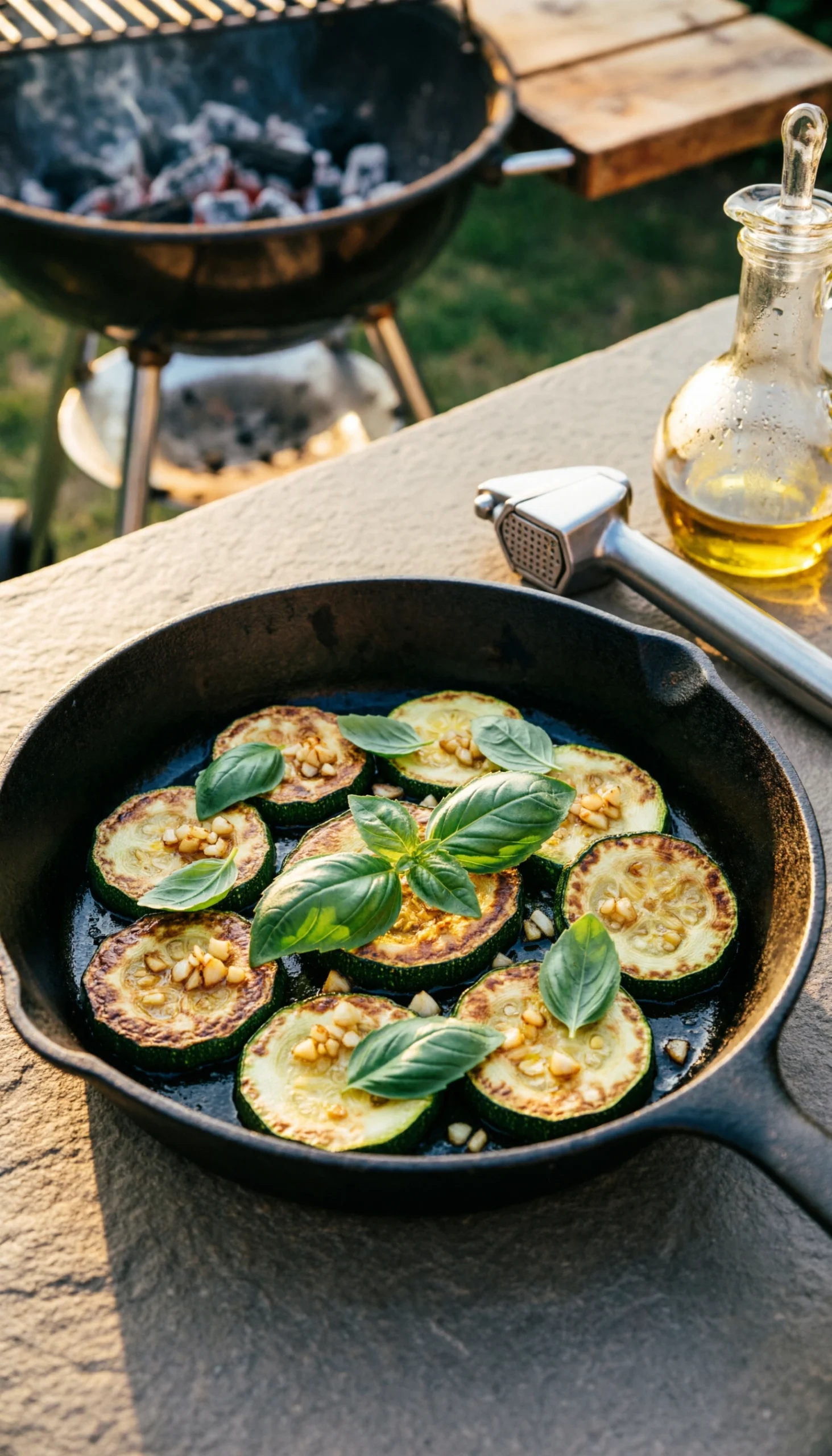 Sautéed garlicky zucchini coins with caramelized edges and fresh basil leaves in a seasoned cast iron skillet.