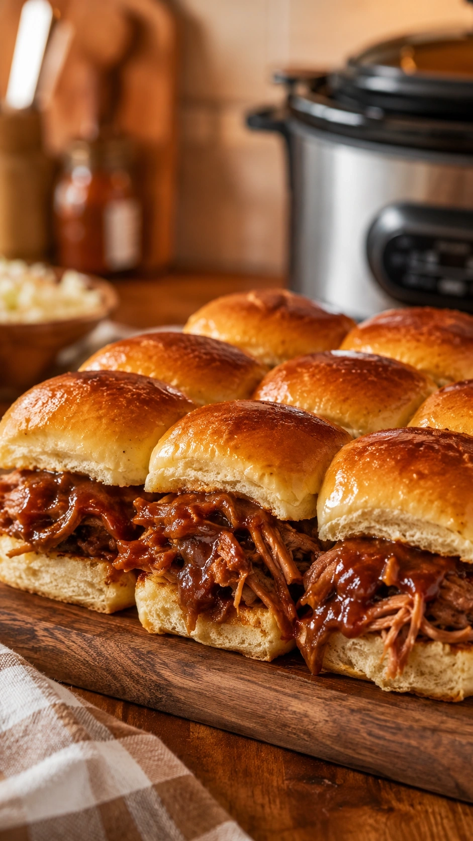 Savory BBQ pulled pork sliders on toasted Hawaiian rolls served on a rustic wooden board in a homey kitchen.