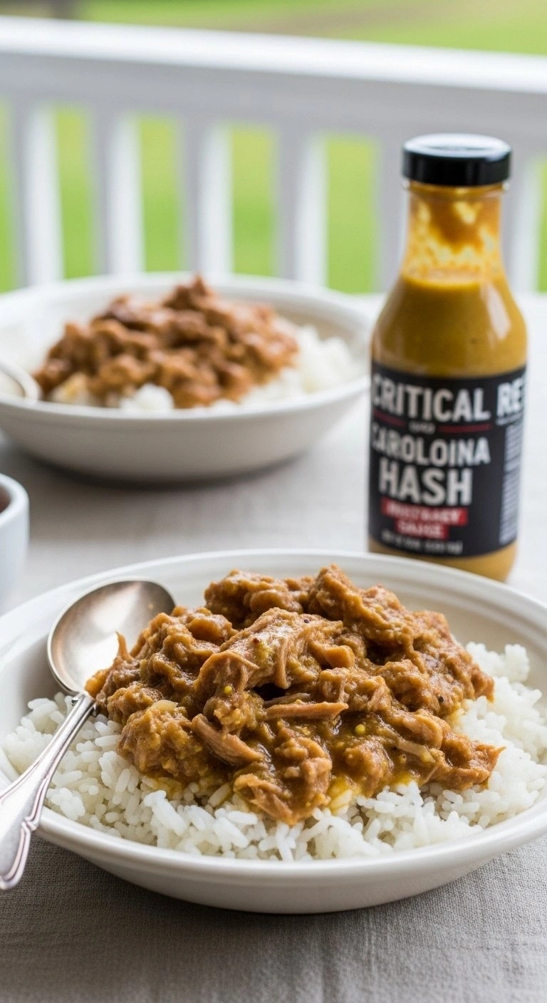 Savory Carolina Pork Hash With Mustard Sauce Served Over Fluffy White Rice In A Rustic Bowl On A Southern Porch.