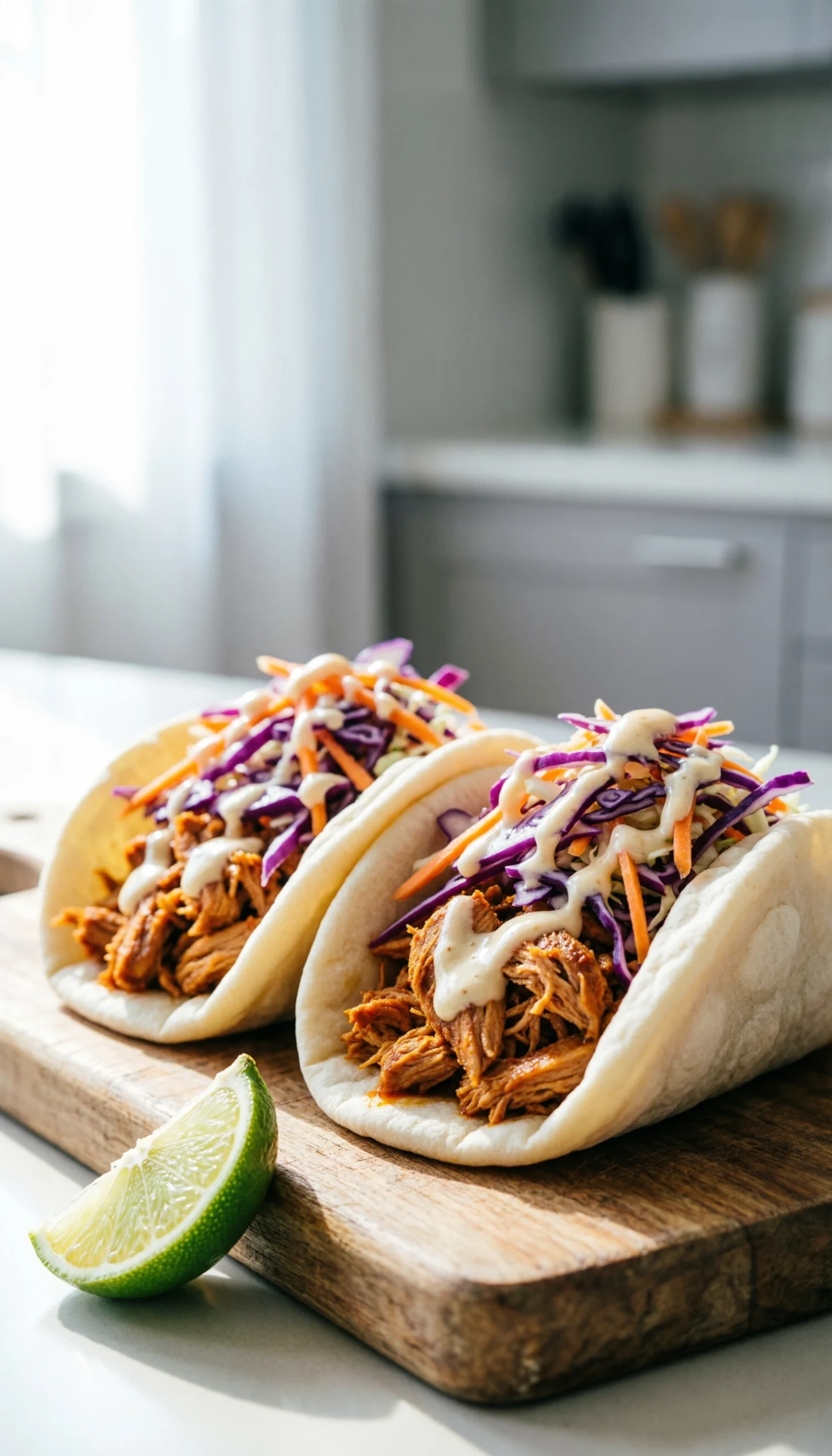 Savory Korean ground turkey tacos topped with purple cabbage slaw and lime on a rustic wooden serving board.