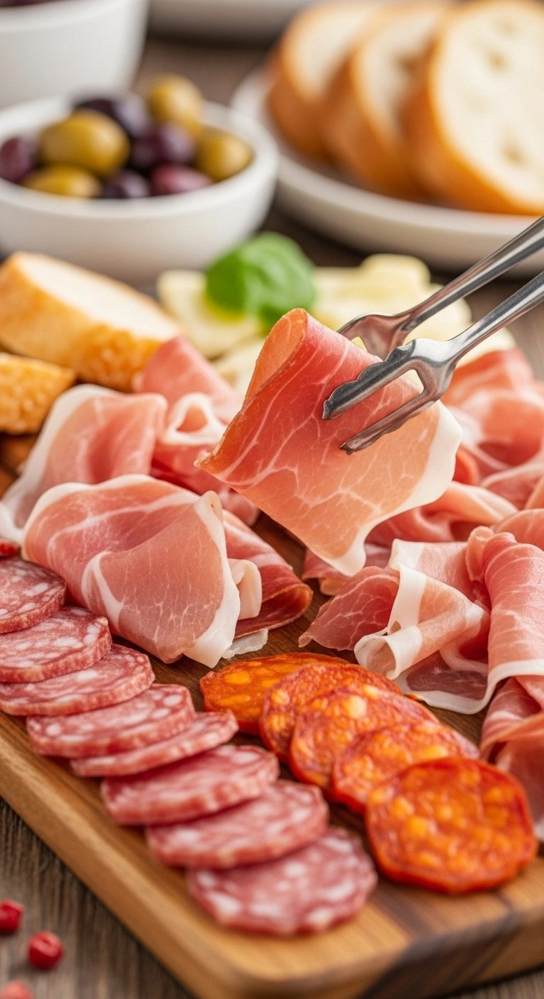 Savory Mediterranean Charcuterie Board Featuring Ribbons Of Prosciutto, Spicy Salami, And Sujuk On A Rustic Table.
