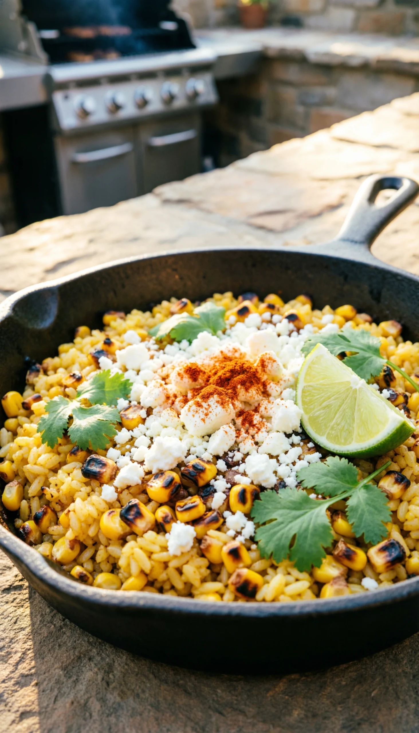 Savory Mexican street corn rice with charred corn and cotija cheese in a cast iron skillet garnished with cilantro.