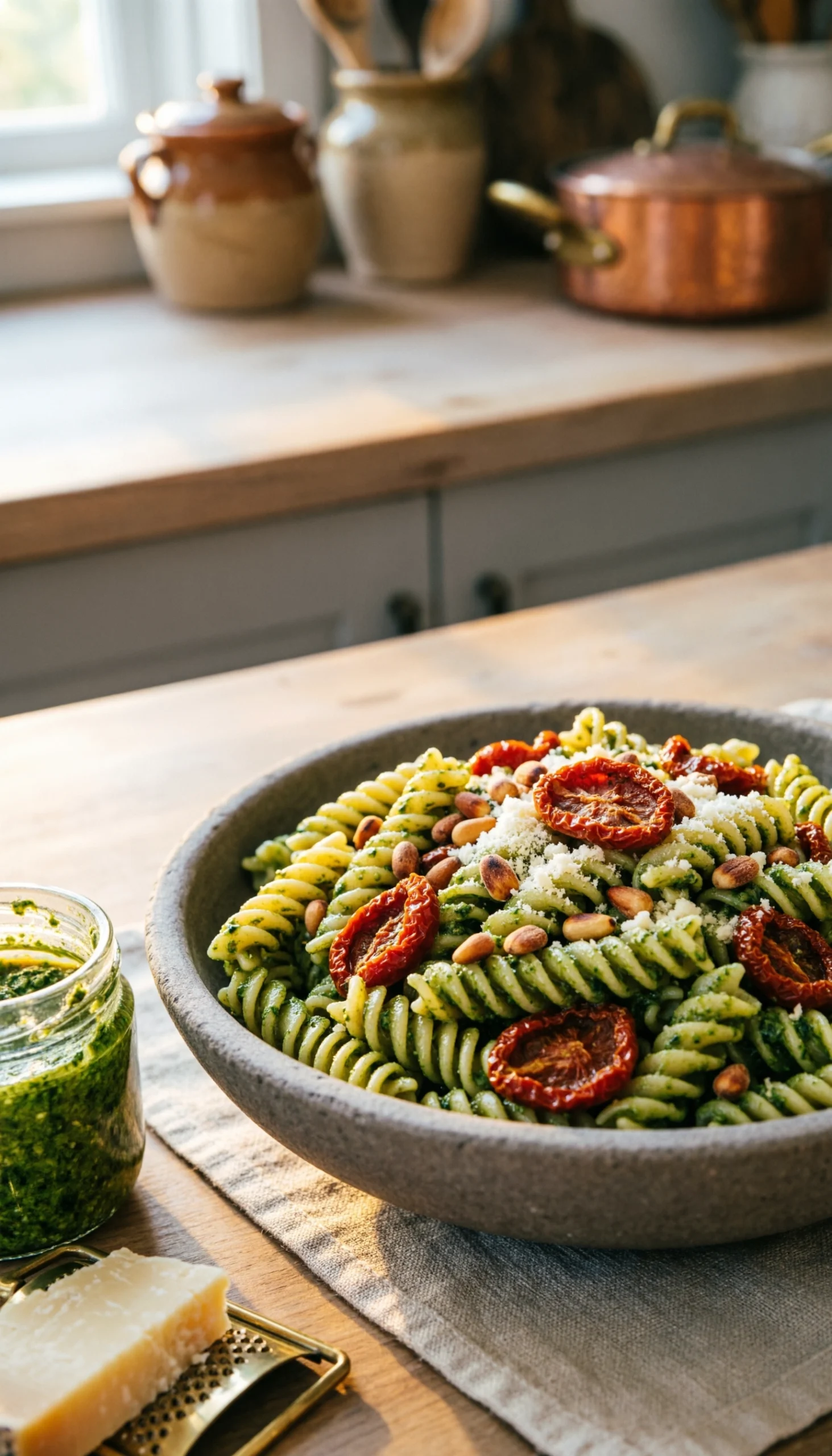Savory basil pesto fusilli pasta salad with sun-dried tomatoes and pine nuts served in an elegant stoneware bowl.