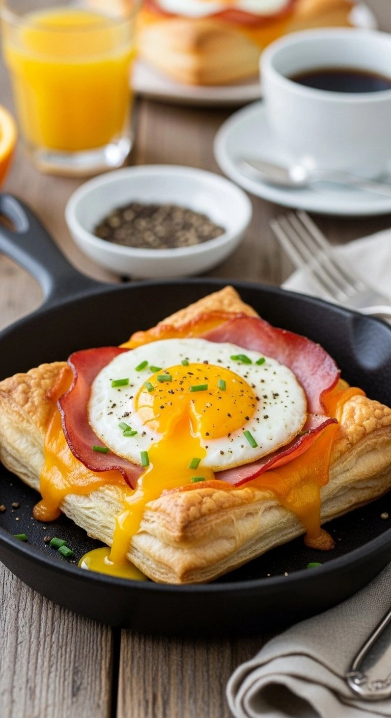 Savory Breakfast Puff Pastry With Ham, Cheddar, And A Sunny-Side-Up Egg In A Cast Iron Skillet On A Wooden Table.