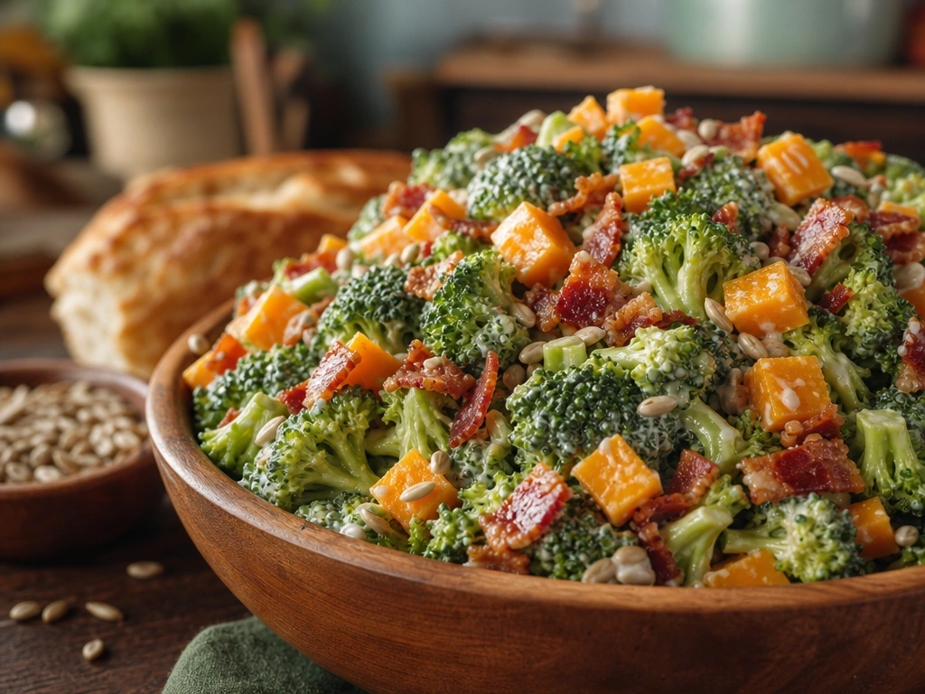 Savory broccoli salad with bacon, cheddar cheese, and sunflower seeds in a wooden bowl on a dark wood table.