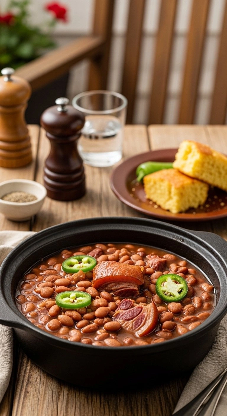 Savory Crockpot Pinto Beans With Smoked Ham Hock And Jalapeños In A Cast-Iron Bowl Served With A Side Of Cornbread.