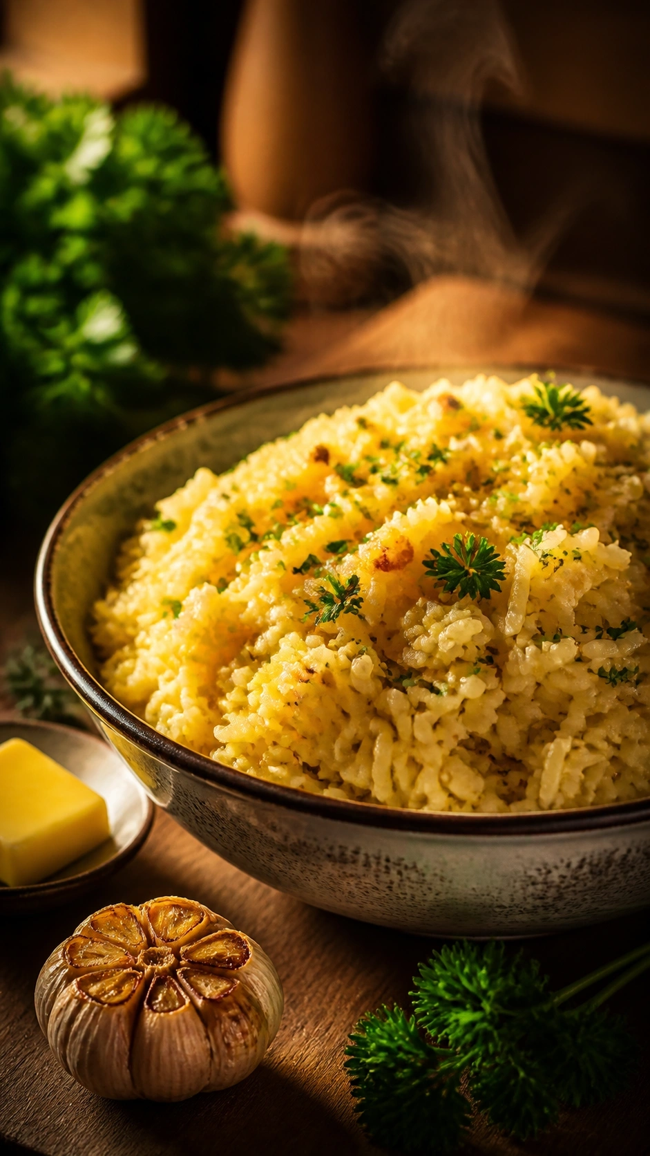 Savory garlic butter rice pilaf garnished with fresh parsley in a ceramic bowl on a rustic wooden kitchen table.