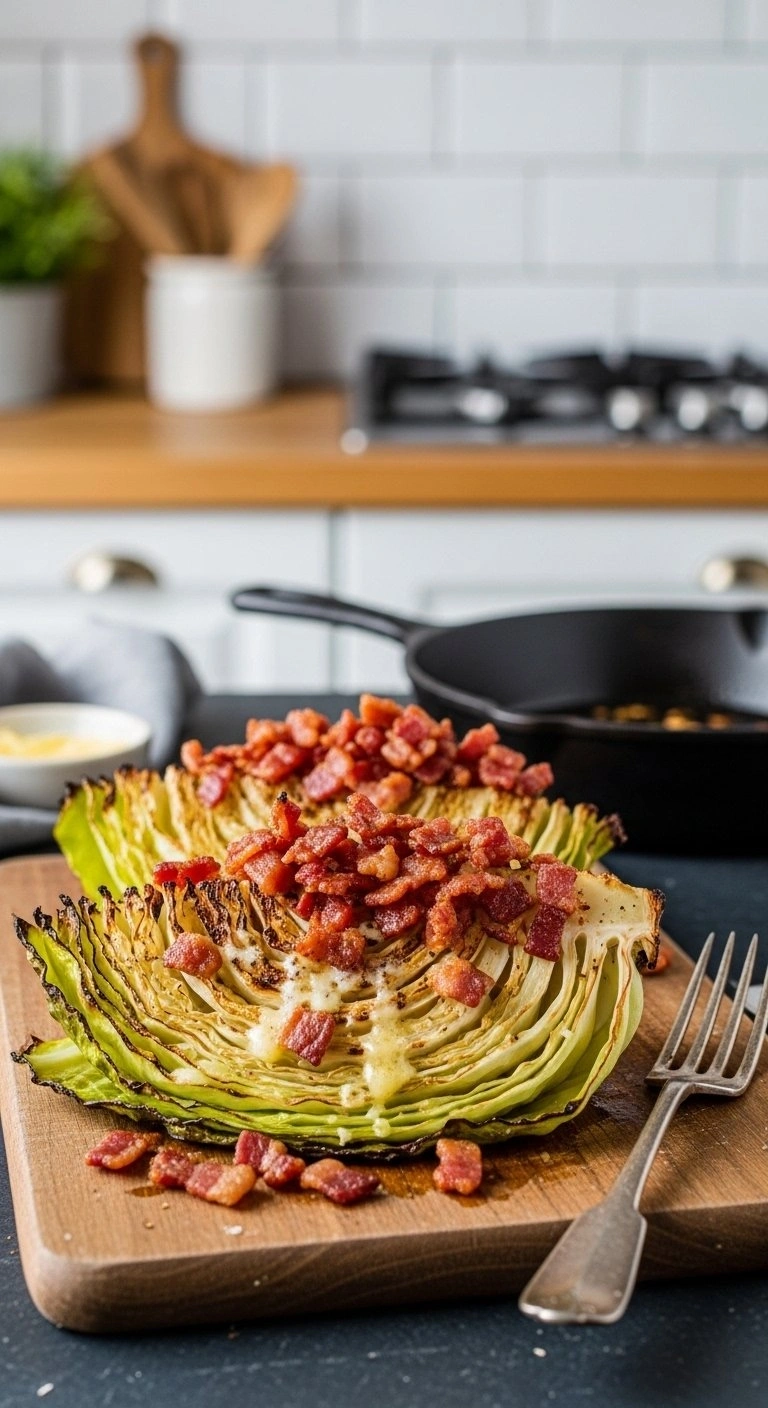 Savory Keto Bacon And Garlic Cabbage Steaks With Melted Butter And Crispy Bacon Bits On A Rustic Wooden Cutting Board.
