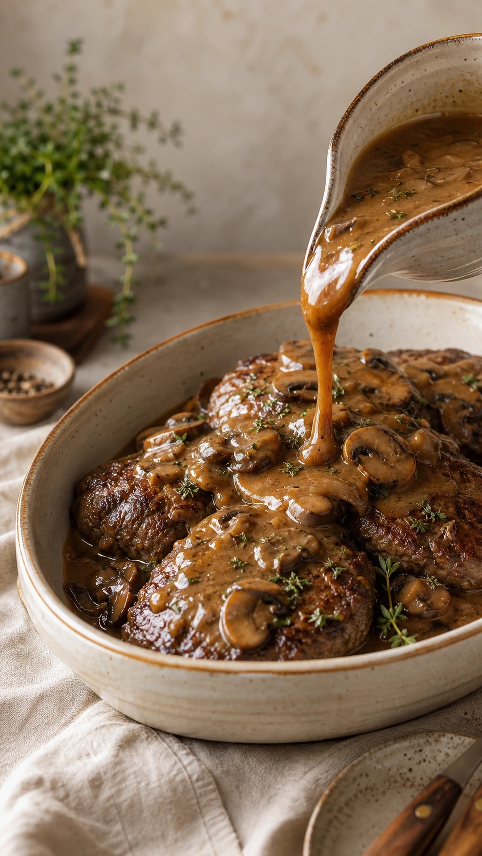 Savory mushroom gravy pouring over seared hamburger steaks in a white ceramic baking dish on a linen tablecloth.