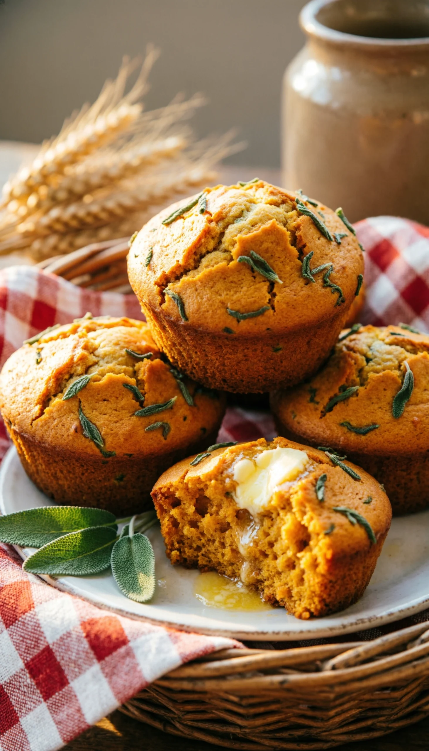 Savory pumpkin corn muffins with fresh sage and melting butter in a rustic basket on a vintage ceramic plate.