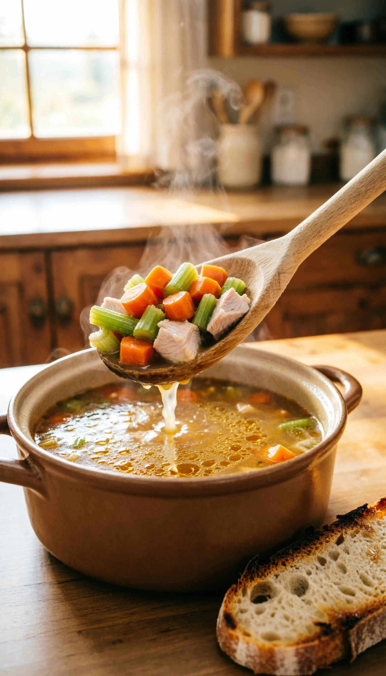 Savory turkey vegetable soup simmering in a pot with a wooden ladle lifting carrots, celery, and tender meat.