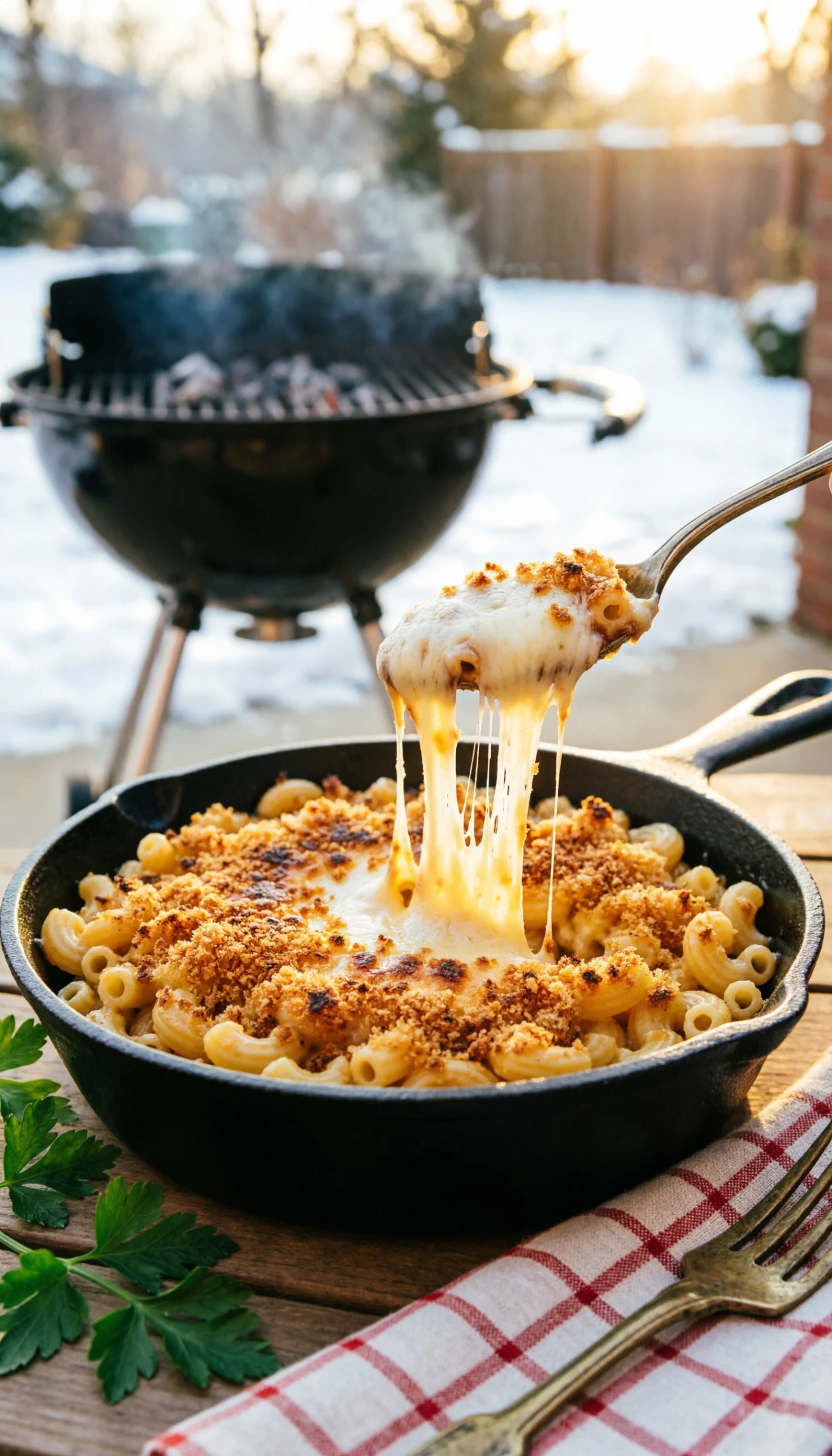 Scooping golden-brown smoked mac and cheese with a stretchy cheese pull from a rustic cast iron skillet, topped with crispy breadcrumbs.