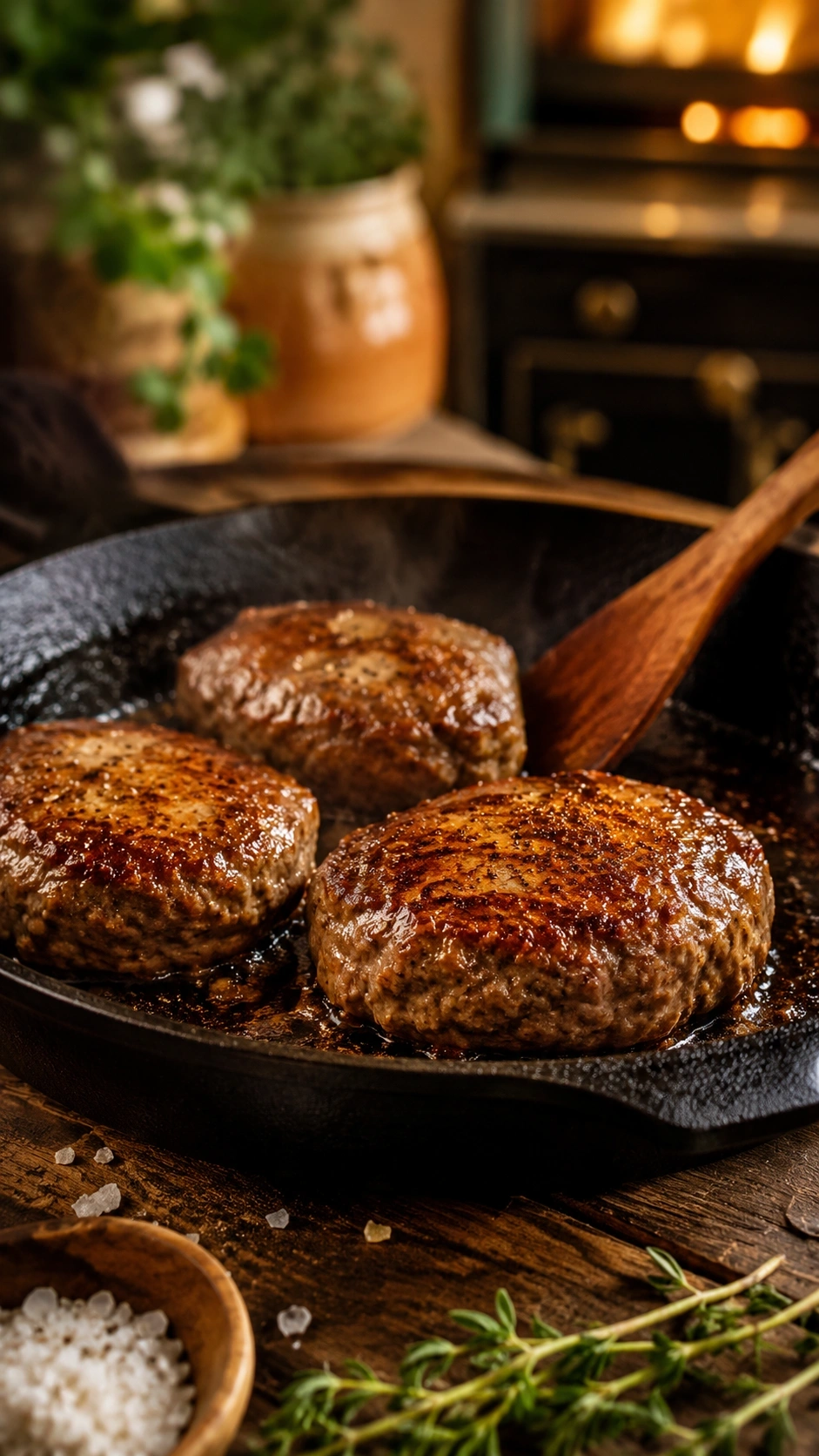 Seared oval beef patties sizzling in a seasoned cast iron skillet with bubbling juices on a rustic wooden table.