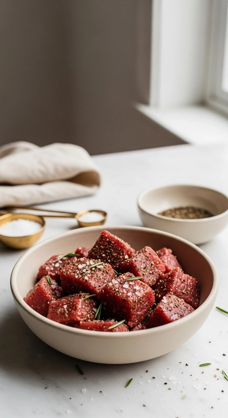 Seasoned Raw Steak Cubes With Coarse Sea Salt And Herbs In A Matte Ceramic Bowl On A Marble Countertop Flat Lay.