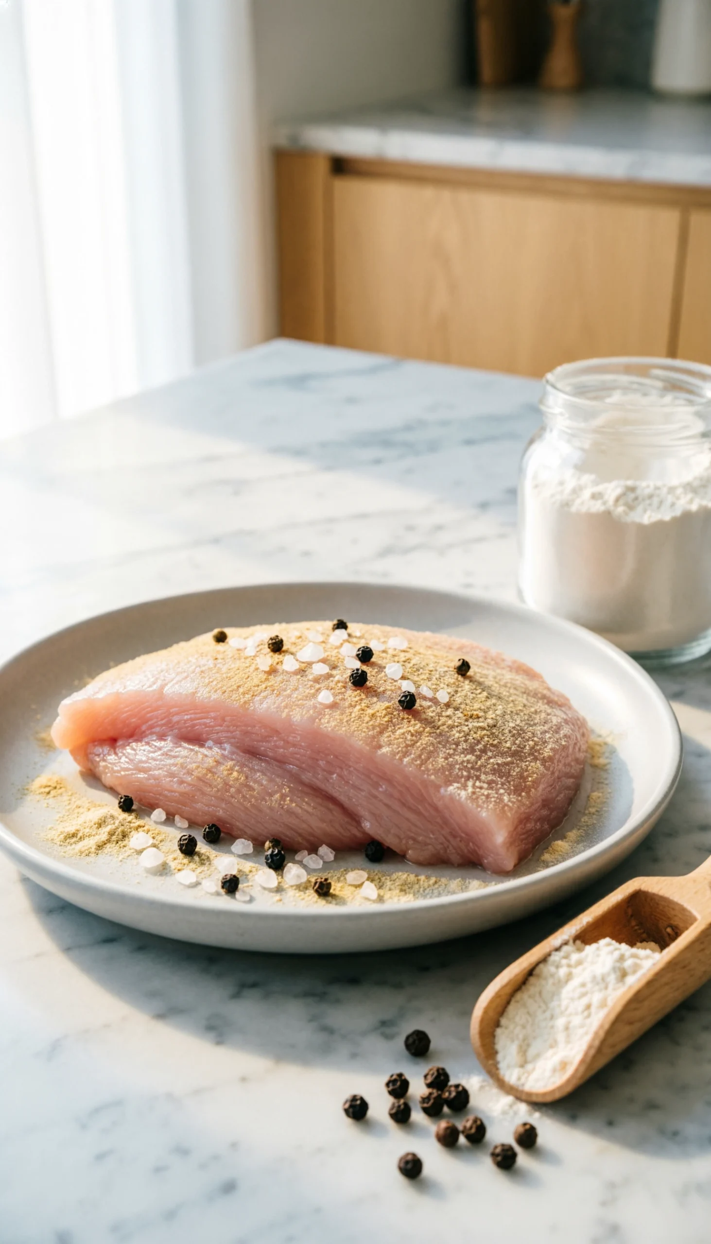 Seasoned raw turkey cutlets coated in flour and cracked pepper in a ceramic dish on a marble kitchen countertop.