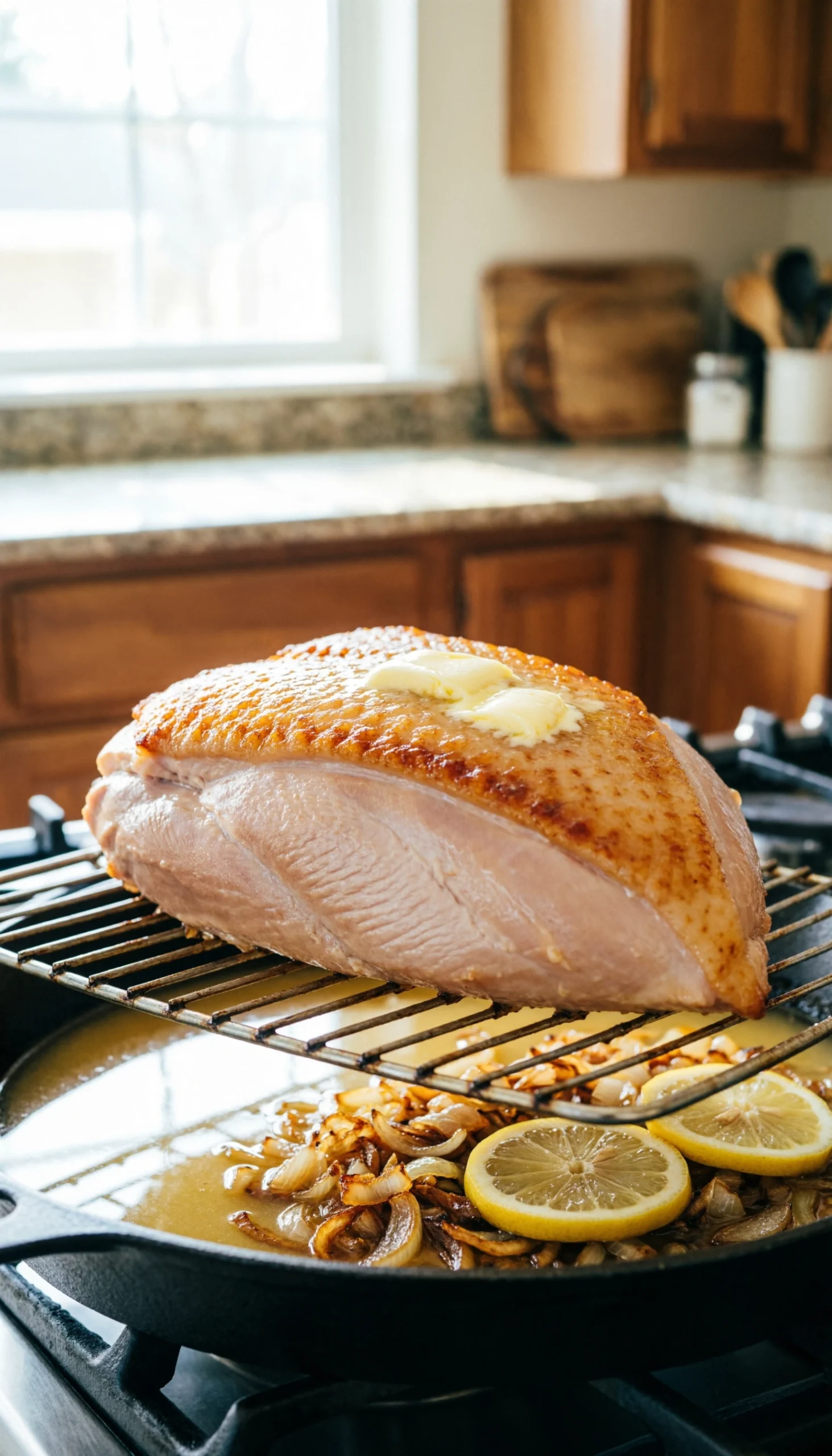 Seasoned turkey breast on a roasting rack with onions and lemons in a heavy-duty pan ready for oven roasting.