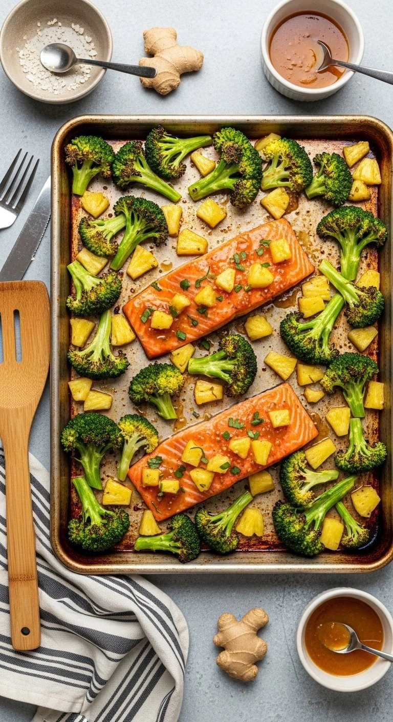 Sheet Pan Dinner With Ginger-Pineapple Glazed Salmon, Roasted Broccoli, And Pineapple Chunks On An Aluminum Tray, Ready For A Homey Meal.
