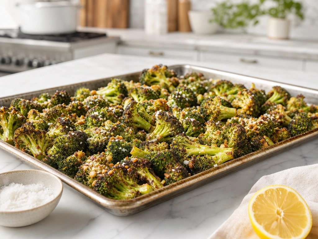 Sheet pan roasted broccoli with caramelized edges, minced garlic, and parmesan cheese on a white marble countertop.