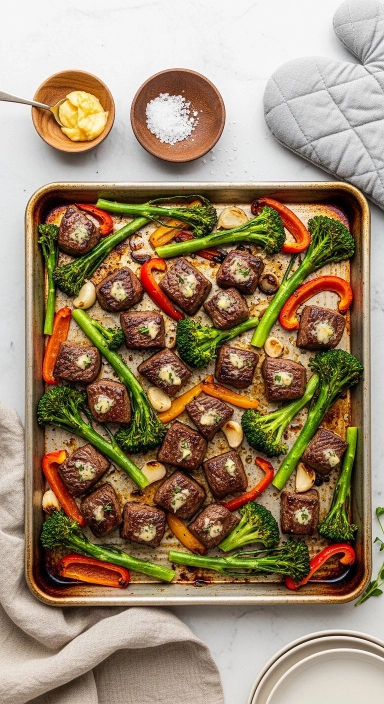 Sheet Pan Steak Bites And Roasted Broccoli With Bell Peppers Drizzled In Garlic Herb Butter On A Baking Sheet.