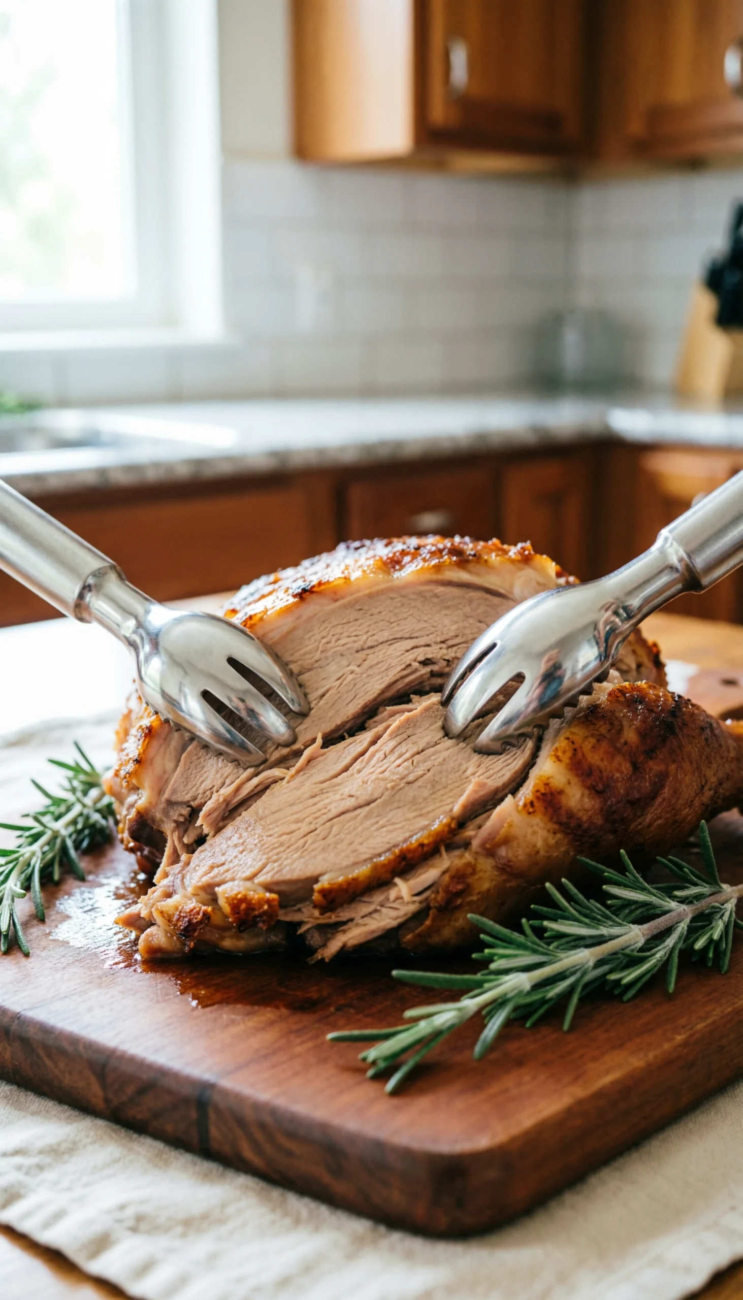 Shredded leftover roast turkey meat on a rustic wooden cutting board with fresh rosemary sprigs and meat claws.