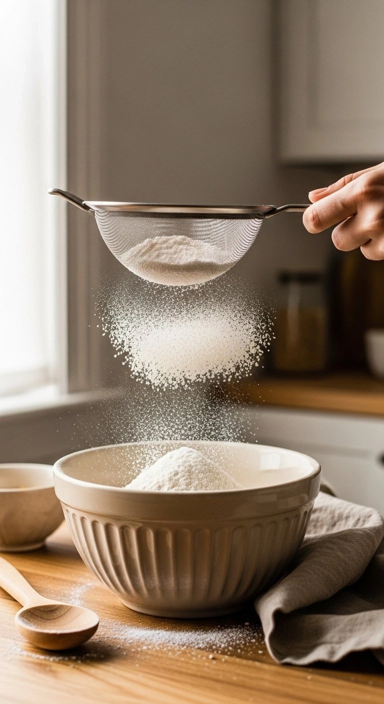 Sifting White Flour And Cornstarch Through A Fine Mesh Strainer Into A Rustic Ceramic Bowl On A Wooden Table.