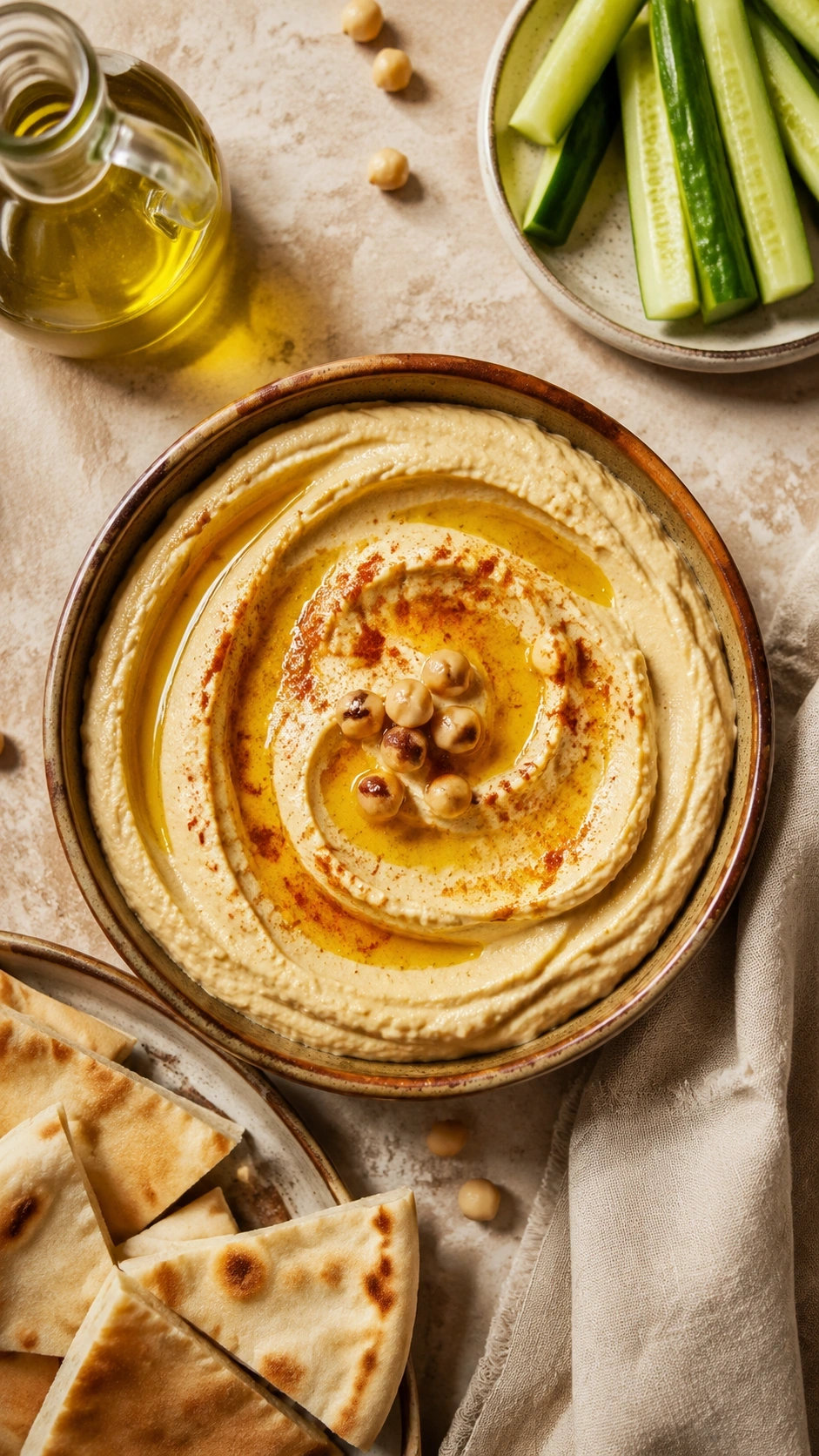 Silky homemade hummus with olive oil and paprika in an earthenware bowl, served with warm pita and cucumbers.