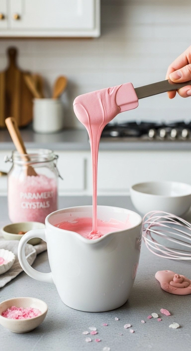 Silky Smooth Pink Melted Candy Coating Cascading From A Spatula Into A Dipping Vessel On A Stone Kitchen Counter.