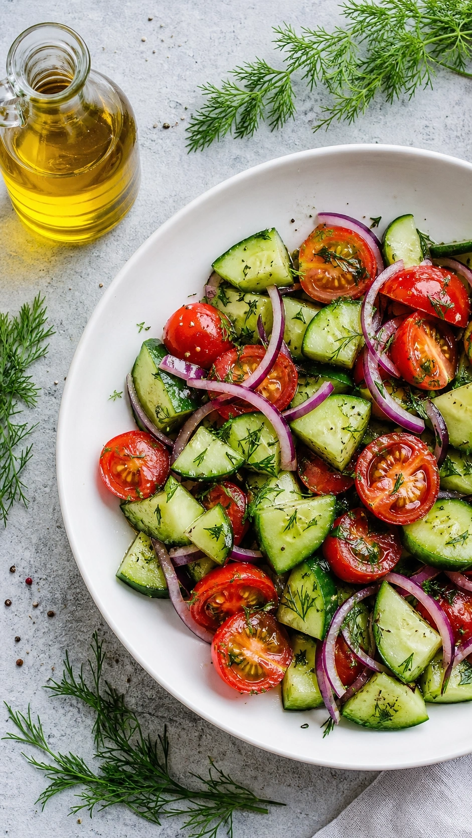 Simple, fresh cucumber and tomato salad with chopped cucumbers, cherry tomatoes, red onion, and herbs in a minimalist white bowl.