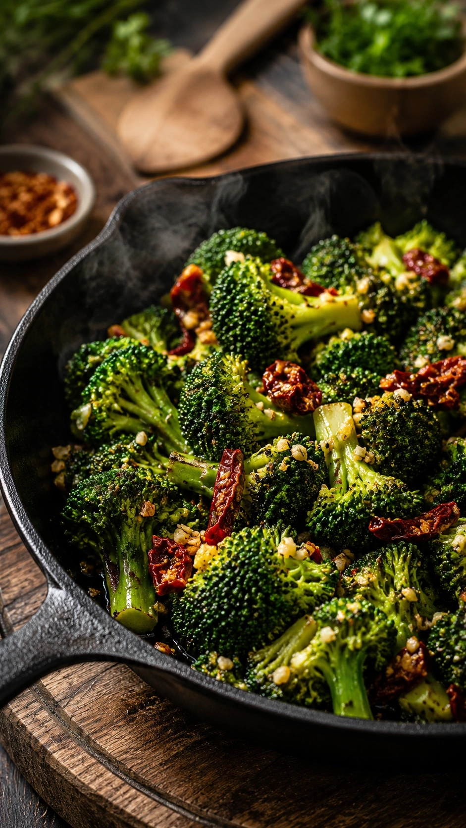 Sizzling cast iron skillet broccoli sautéed with minced garlic and sun-dried tomatoes on a rustic wooden trivet.