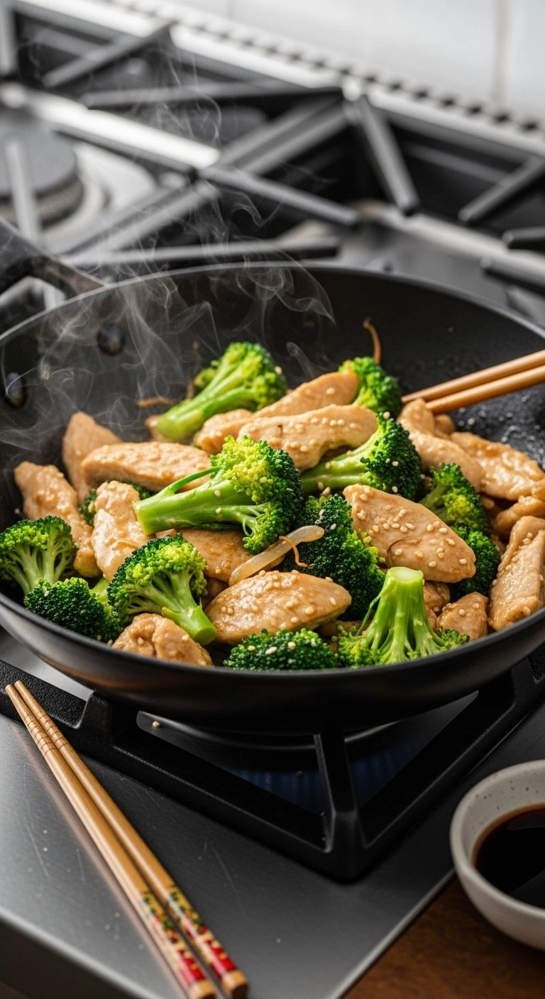 Sizzling Chicken And Broccoli Stir-Fry In A Black Wok With Savory Sauce, Chopsticks, And A Side Of Soy Sauce.