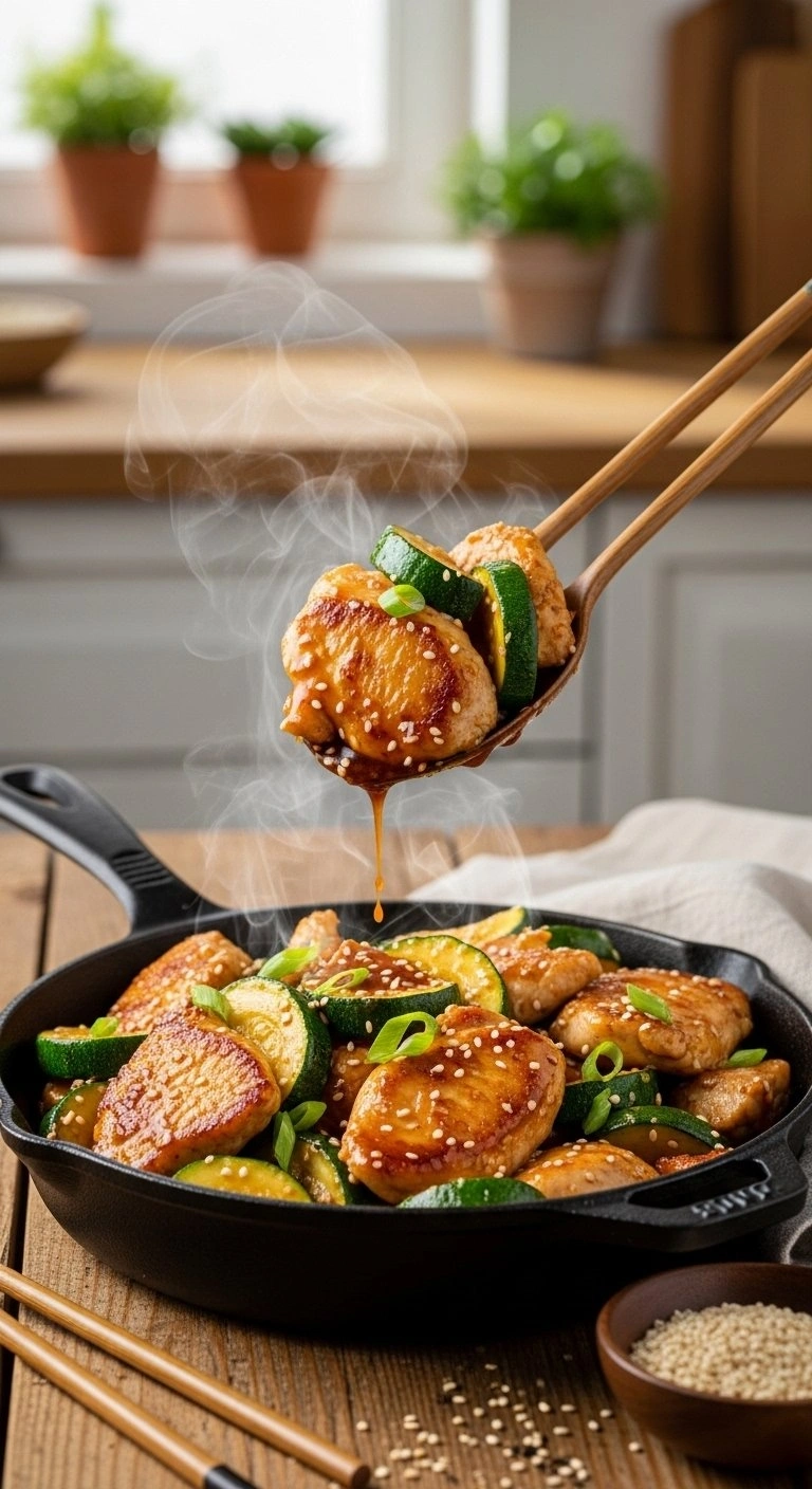 Sizzling Chicken And Zucchini Stir Fry With Sesame Seeds And Teriyaki Sauce In A Cast Iron Pan On A Rustic Wood Table.