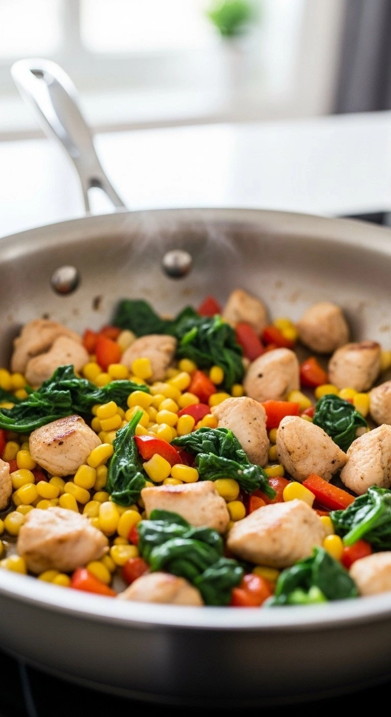 Sizzling Chicken, Corn, And Peppers In A Stainless Steel Skillet For Southwest Eggroll Filling In A Kitchen.
