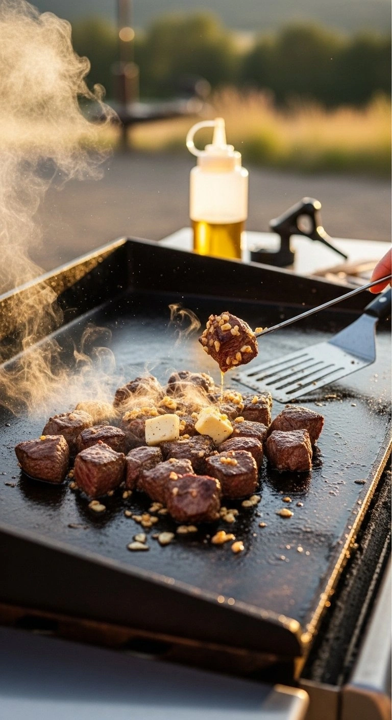 Sizzling Garlic Butter Steak Bites Cooking On An Outdoor Steel Griddle With Visible Steam And Golden Browning.