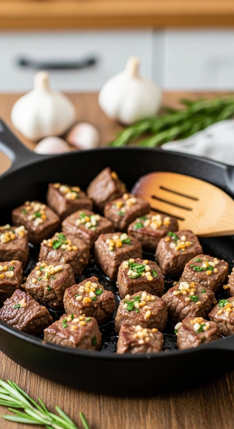 Sizzling Garlic Butter Steak Bites With Fresh Parsley In A Cast Iron Skillet On A Rustic Wooden Table.