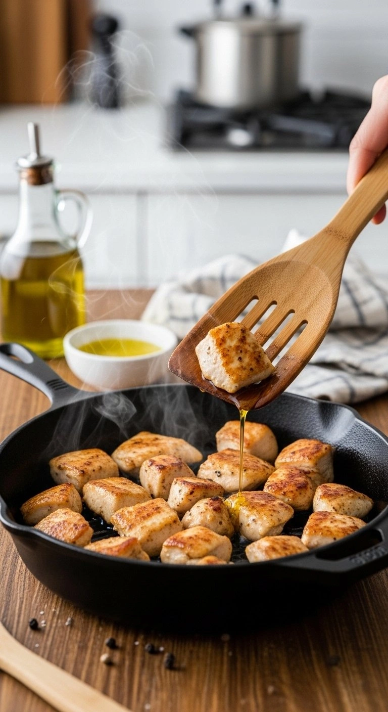 Sizzling Golden-Brown Seared Chicken Pieces Cooking In A Cast Iron Skillet On A Rustic Wooden Table With Steam Rising.