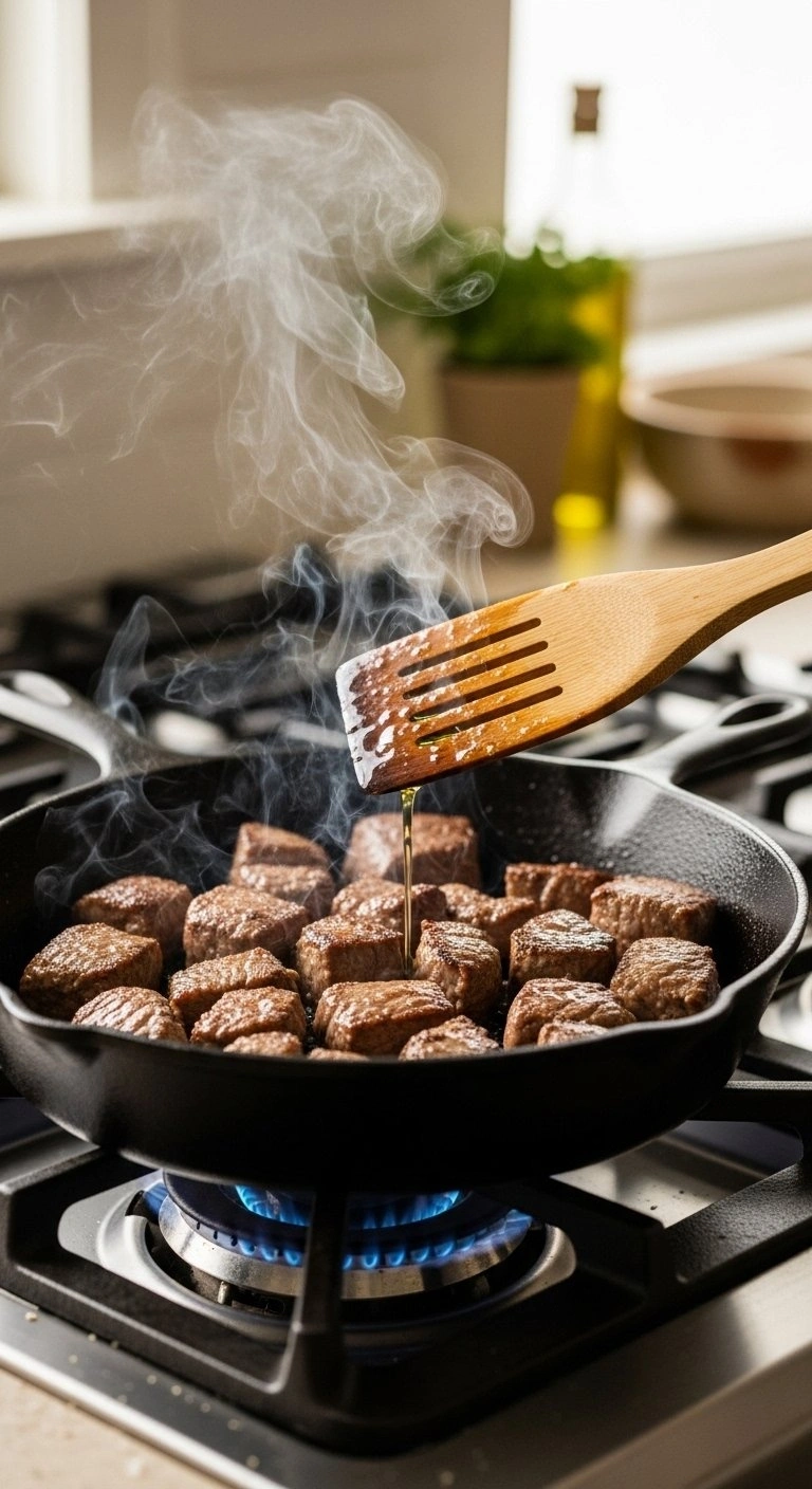 Sizzling Golden-Brown Seared Steak Bites Cooking In A Seasoned Cast Iron Skillet With Aromatic Rising Steam.