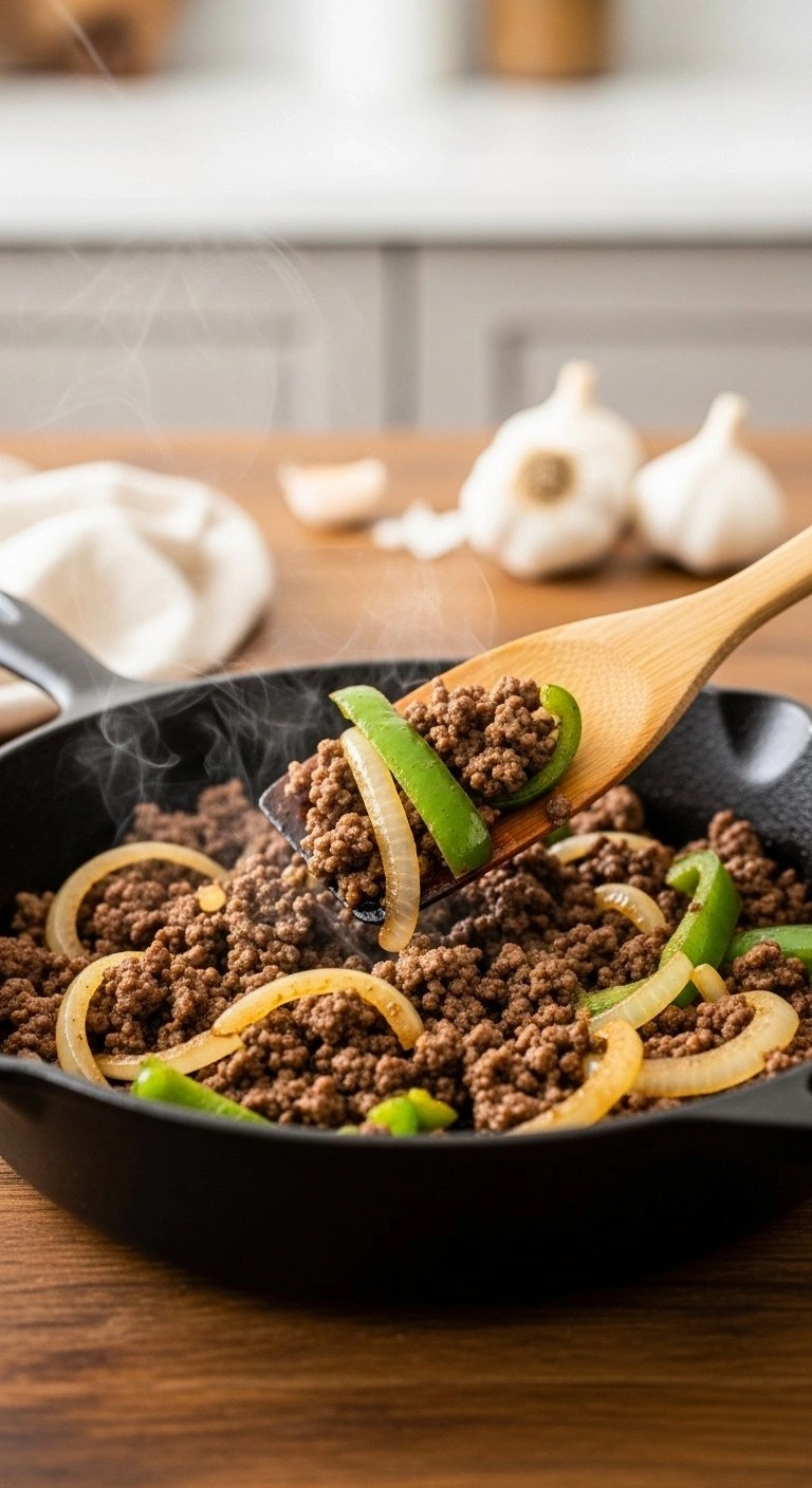 Sizzling Ground Beef Browning With Diced Yellow Onions And Green Bell Peppers In A Rustic Cast-Iron Skillet.