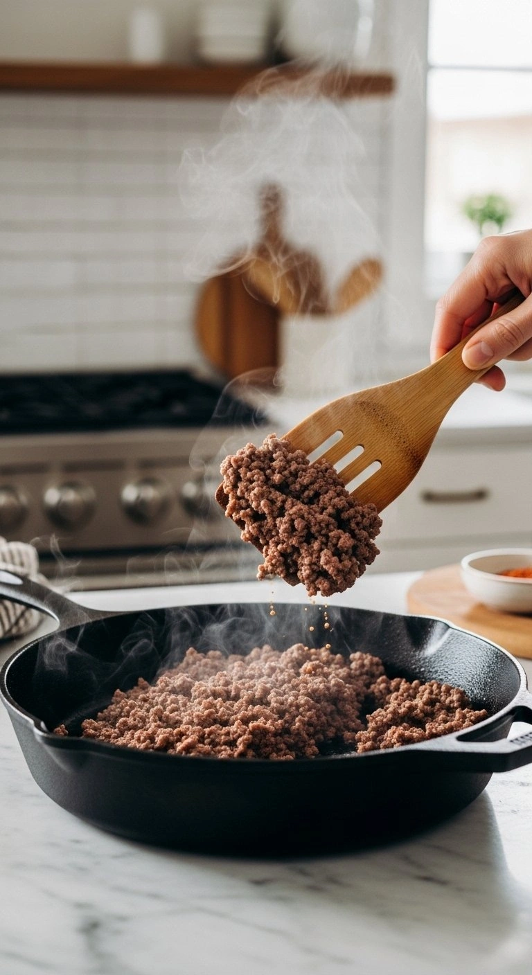 Sizzling Lean Ground Beef Browns Perfectly In A Seasoned Cast-Iron Skillet With Visible Steam, A Wooden Spatula Resting Nearby.