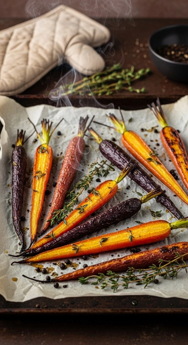 Sizzling Roasted Rainbow Carrots With Charred Edges And Fresh Thyme On A Parchment-Lined Baking Sheet In Warm Light.