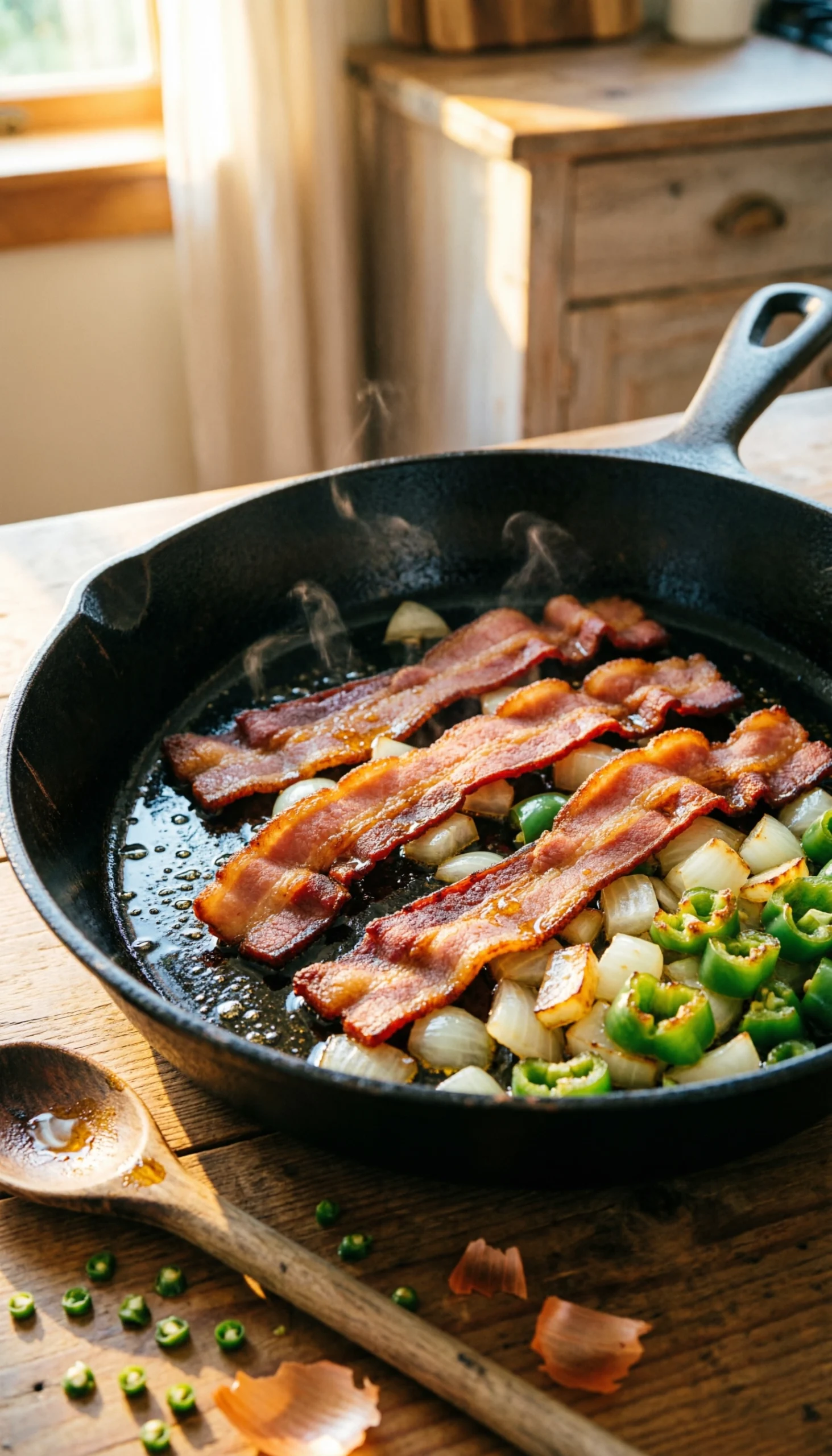Sizzling thick-cut savory bacon and diced onions sautéing in a seasoned cast iron skillet on a rustic wooden table.