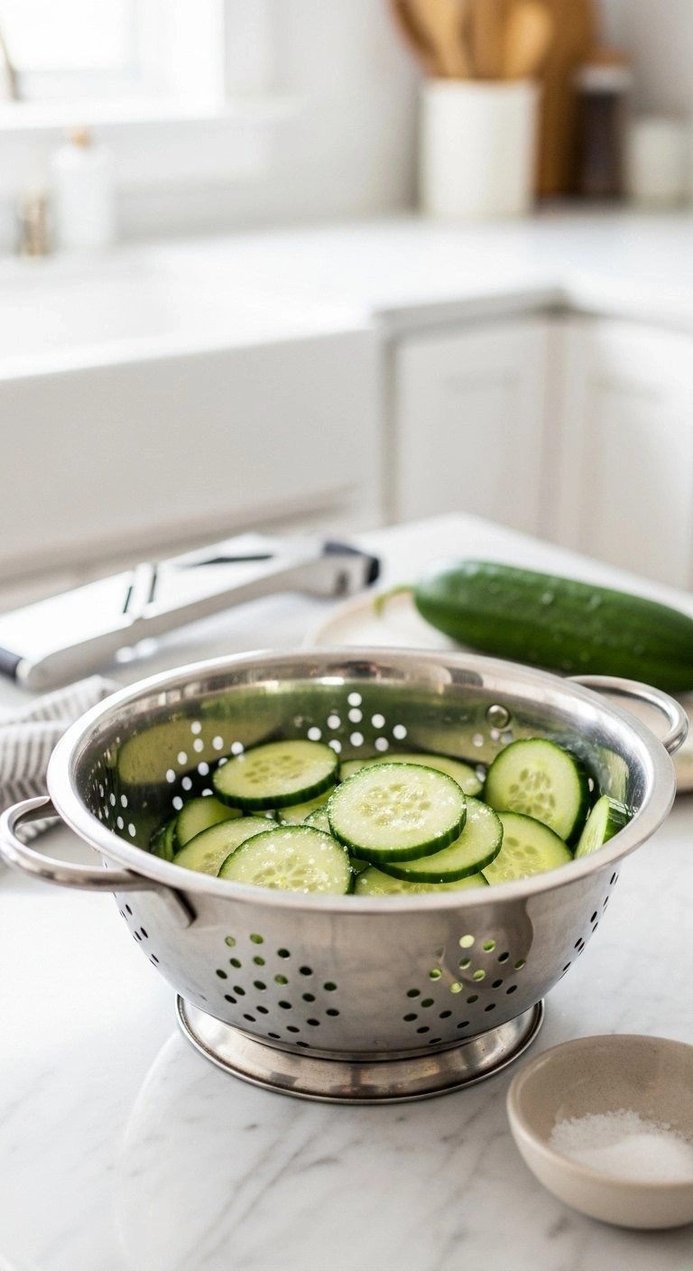 Sliced English Cucumbers With Kosher Salt In A Stainless Steel Colander On A White Marble Kitchen Countertop.