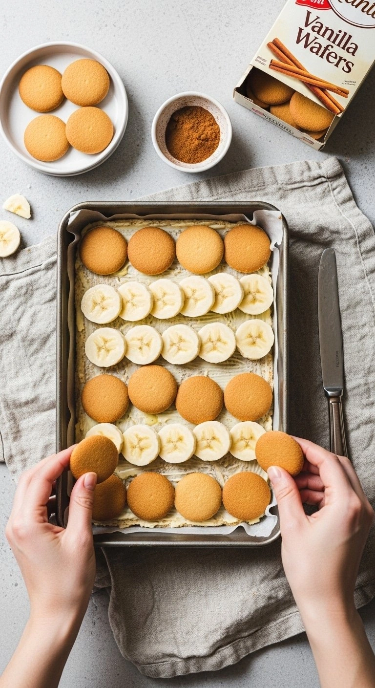 Sliced Bananas And Golden Vanilla Wafers Are Meticulously Layered In A Baking Dish Over Melted Butter On A Linen Tablecloth.
